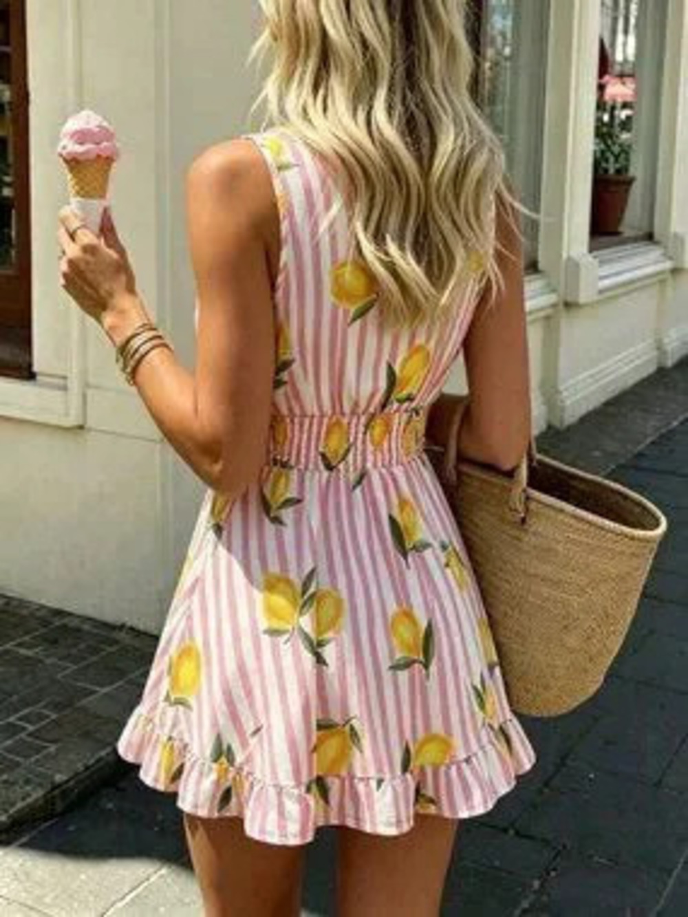 ZARA Casual Women's pink stripe lemon print ruffled hem mini Dress